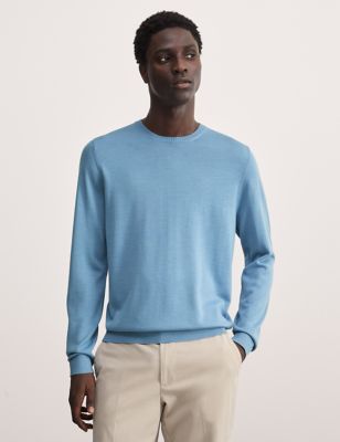 

JAEGER Mens Merino Wool Rich Knitted T-shirt with Silk - Slate Blue, Slate Blue