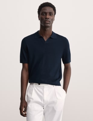 Merino Wool Rich Open Neck Knitted Polo Shirt with Silk