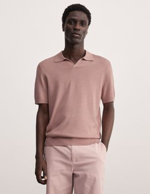 Jaeger Mens Merino Wool Rich Open Neck Knitted Polo Shirt with Silk - SREG - Dusted Pink, Dusted Pin