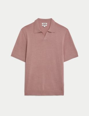 Merino Wool Rich Open Neck Knitted Polo Shirt with Silk