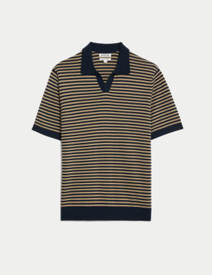 

JAEGER Mens Merino Wool Rich Striped Knitted T-Shirt - Navy Mix, Navy Mix