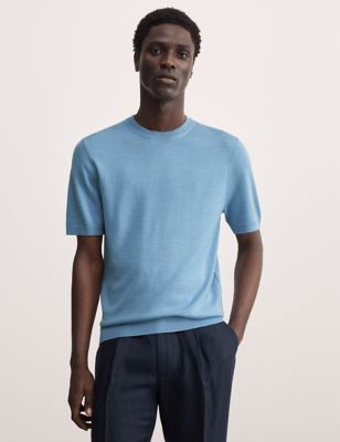 Jaeger Mens Merino Wool Rich Knitted T-Shirt with Silk - LREG - Slate Blue, Slate Blue