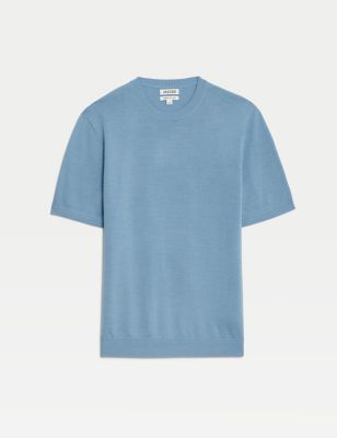 

JAEGER Mens Merino Wool Rich Knitted T-Shirt with Silk - Slate Blue, Slate Blue