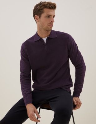 

Mens Autograph Cotton Rich Textured Zip Neck Knitted Polo Shirt - Dark Mulberry, Dark Mulberry