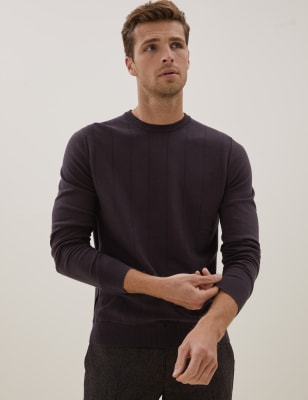 

Mens Autograph Premium Cotton Striped Crew Neck Jumper - Dark Mulberry, Dark Mulberry