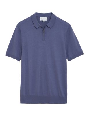 

Mens Autograph Silk Blend Zip Neck Knitted Polo Shirt - Smokey Blue, Smokey Blue