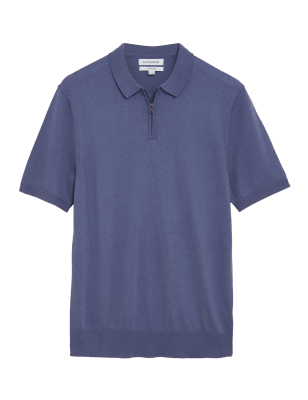 

Mens Autograph Silk Blend Zip Neck Knitted Polo Shirt - Smokey Blue, Smokey Blue