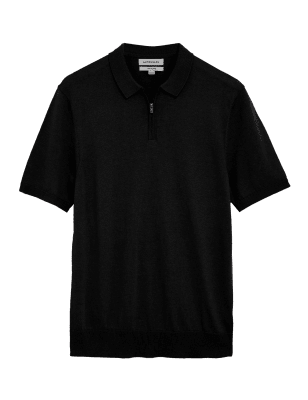 

Mens Autograph Silk Blend Zip Neck Knitted Polo Shirt - Black, Black