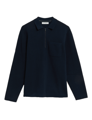

Mens Autograph Premium Cotton Zip Neck Knitted Polo Shirt - Dark Navy, Dark Navy