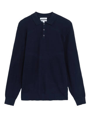 

Mens Autograph Cotton Rich Textured Knitted Polo Shirt - Dark Navy, Dark Navy