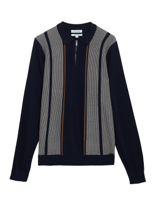 

Mens Autograph Gestreiftes Strick-Poloshirt mit Reißverschlusskragen - Navy, Navy