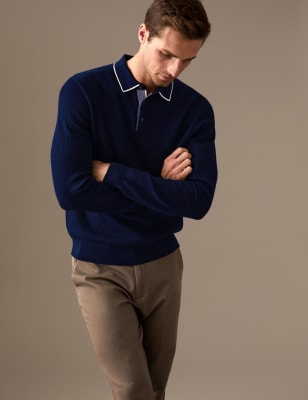 

Mens Autograph Strick-Poloshirt aus reiner Baumwolle mit Strukturmuster - Dark Navy, Dark Navy