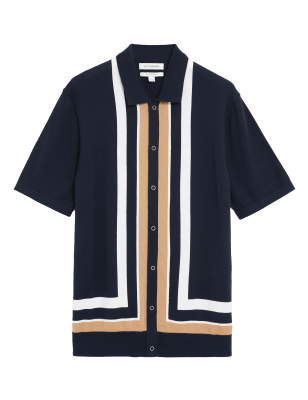 

Mens Autograph Strick-Poloshirt aus Baumwolle und Modal mit Streifenmuster - Dark Navy Mix, Dark Navy Mix