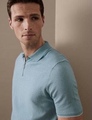 Silk Cotton Zip Neck Knitted Polo Shirt - IS