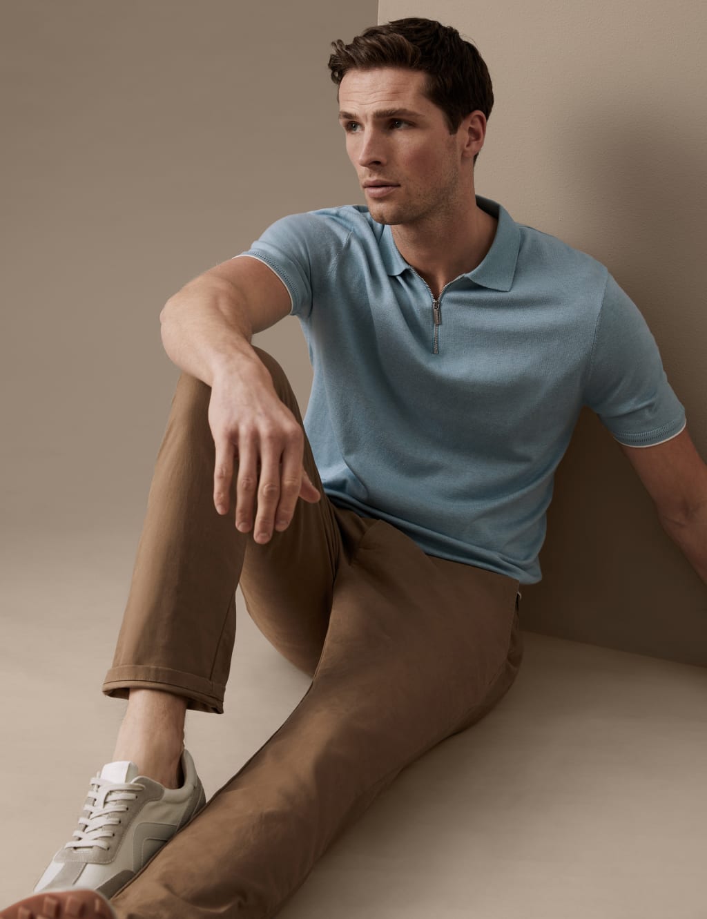 Silk Cotton Zip Neck Knitted Polo Shirt image 2