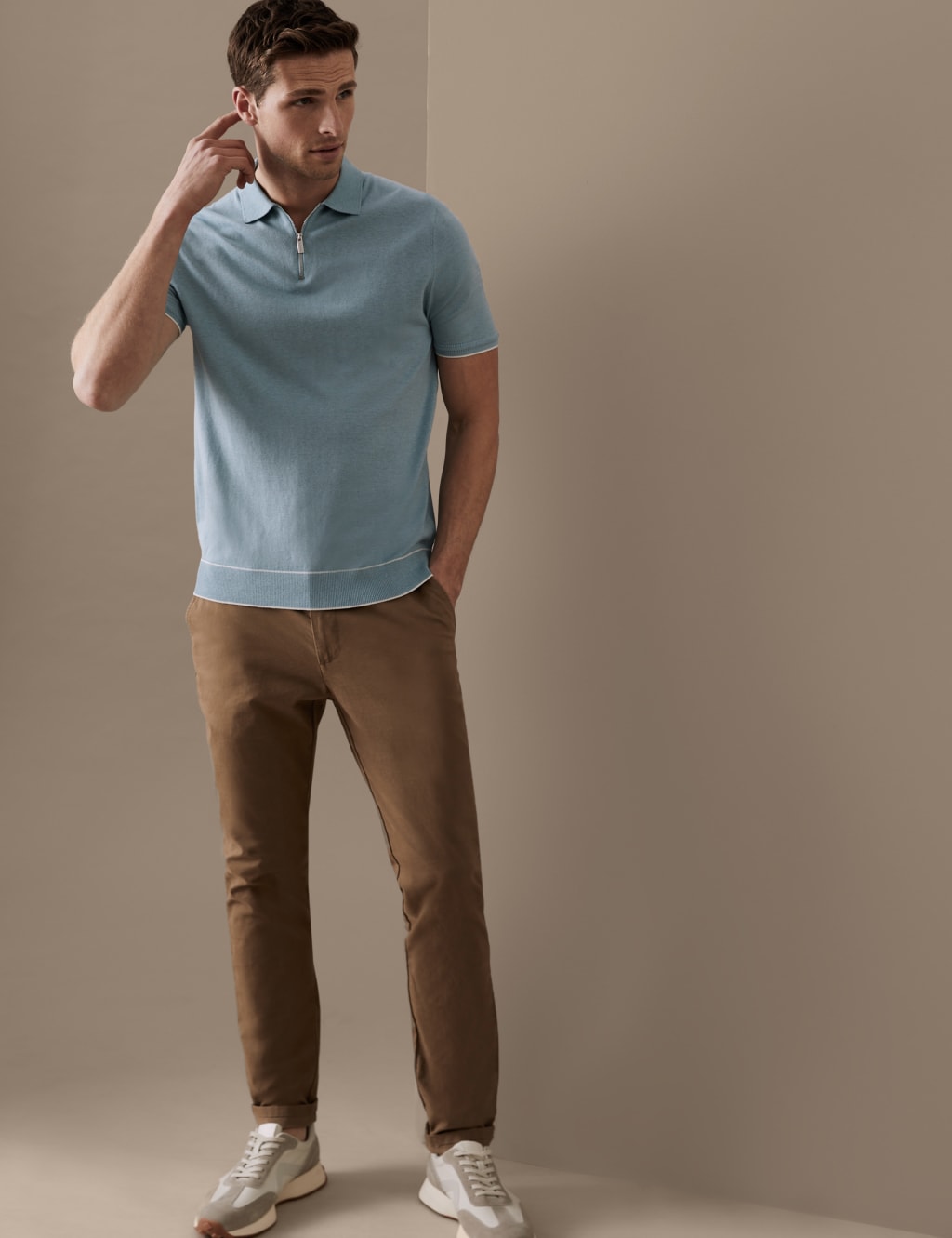 Silk Cotton Zip Neck Knitted Polo Shirt image 3