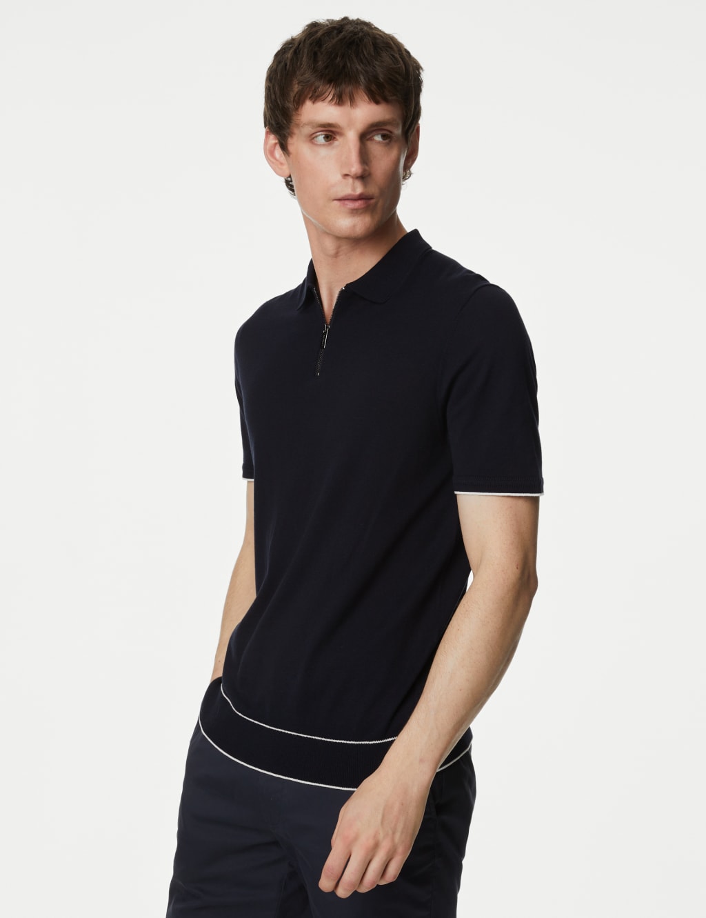Silk Cotton Zip Neck Knitted Polo Shirt image 1