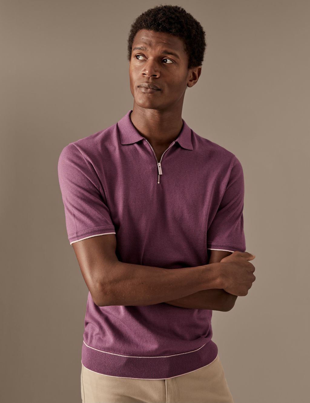 Silk Cotton Zip Neck Knitted Polo Shirt image 1