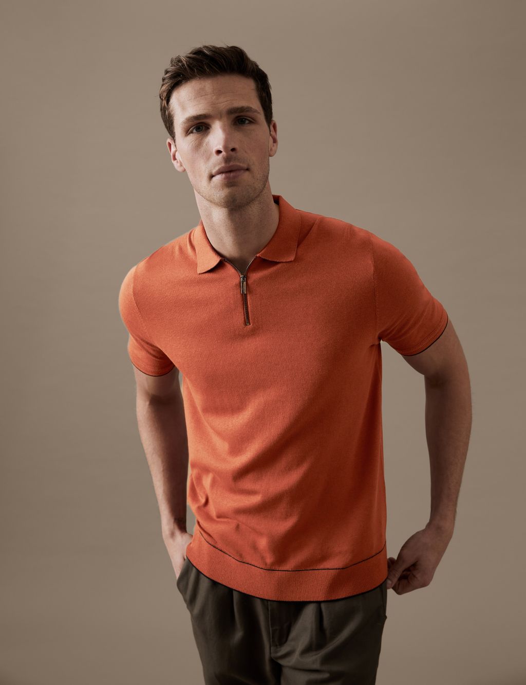 Silk Cotton Zip Neck Knitted Polo Shirt image 1