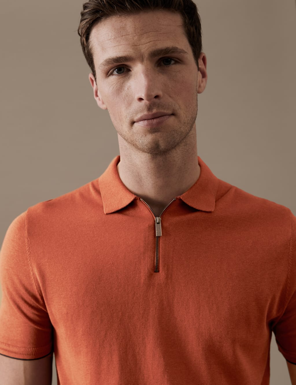 Silk Cotton Zip Neck Knitted Polo Shirt image 2