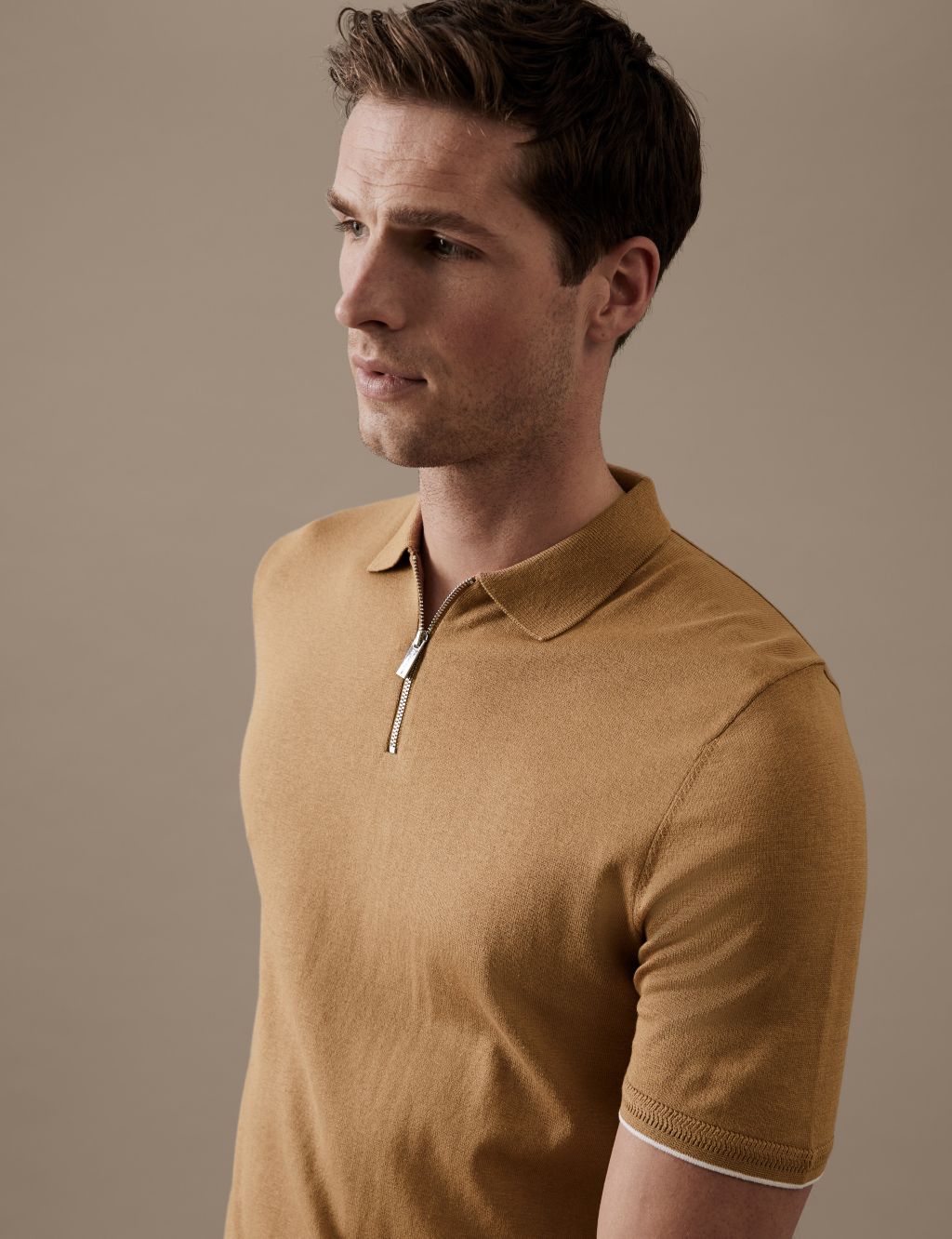 Silk Cotton Zip Neck Knitted Polo Shirt image 2