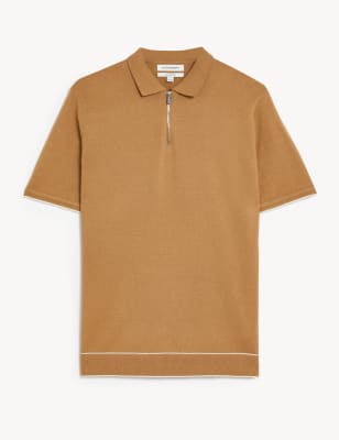 Silk Cotton Zip Neck Knitted Polo Shirt