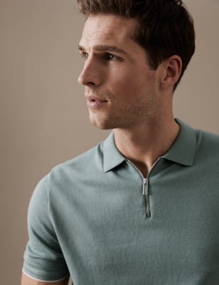 

Mens Autograph Silk Cotton Zip Neck Knitted Polo Shirt - Faded Green, Faded Green