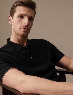 

Mens Autograph Strick-Poloshirt mit hohem Baumwollanteil und Strukturmuster - Black Mix, Black Mix