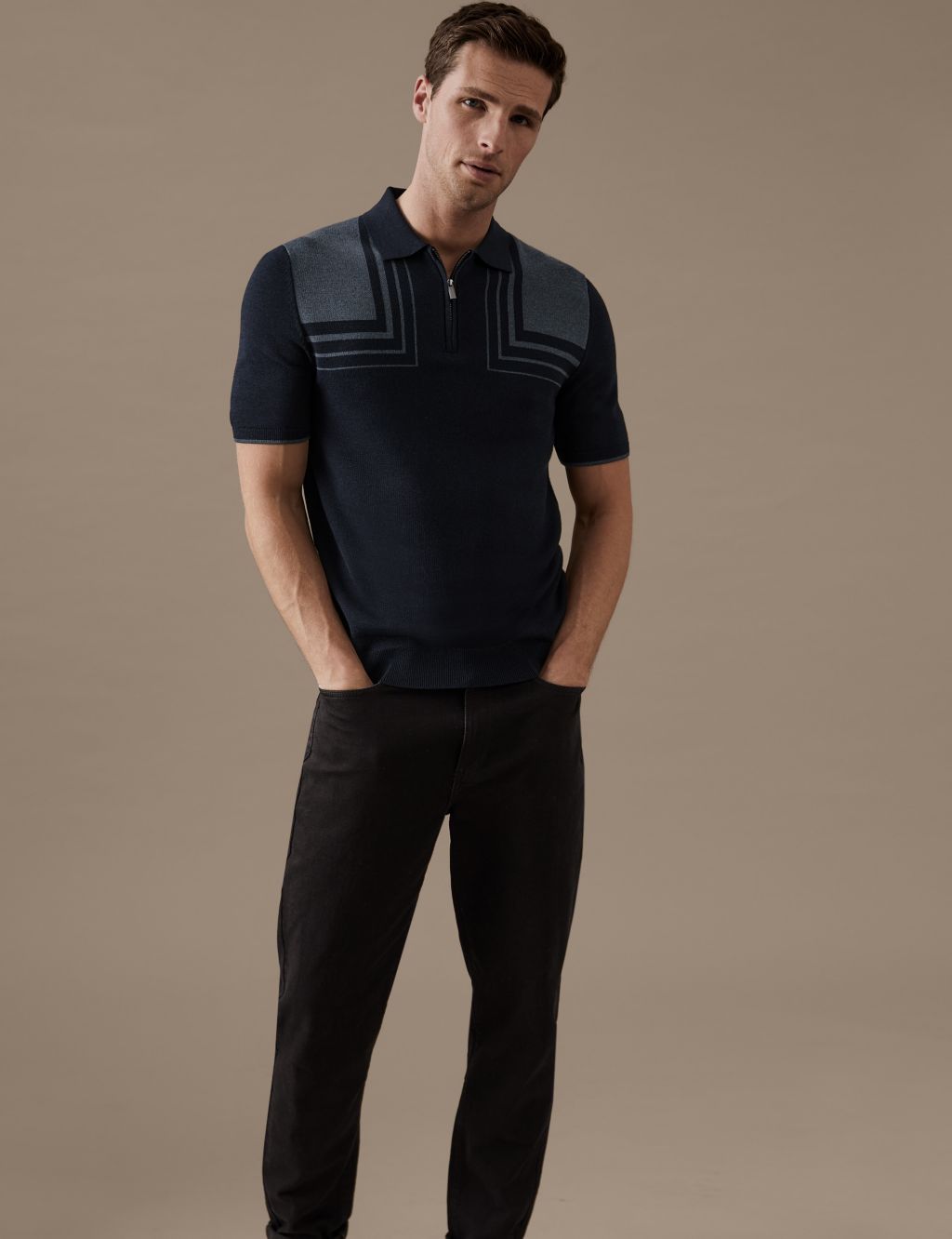 Cotton Blend Colour Block Knitted Polo Shirt image 1