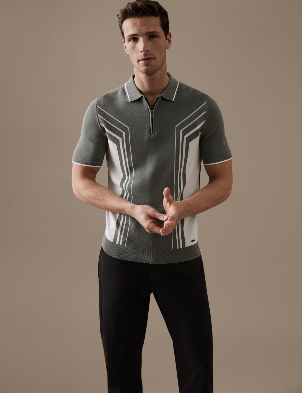 Cotton Blend Colour Block Knitted Polo Shirt image 1