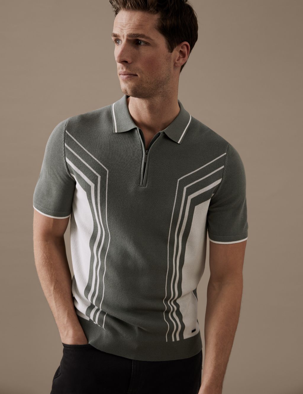 Cotton Blend Colour Block Knitted Polo Shirt image 3