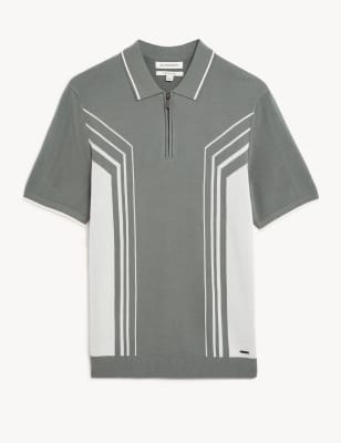 Cotton Blend Colour Block Knitted Polo Shirt