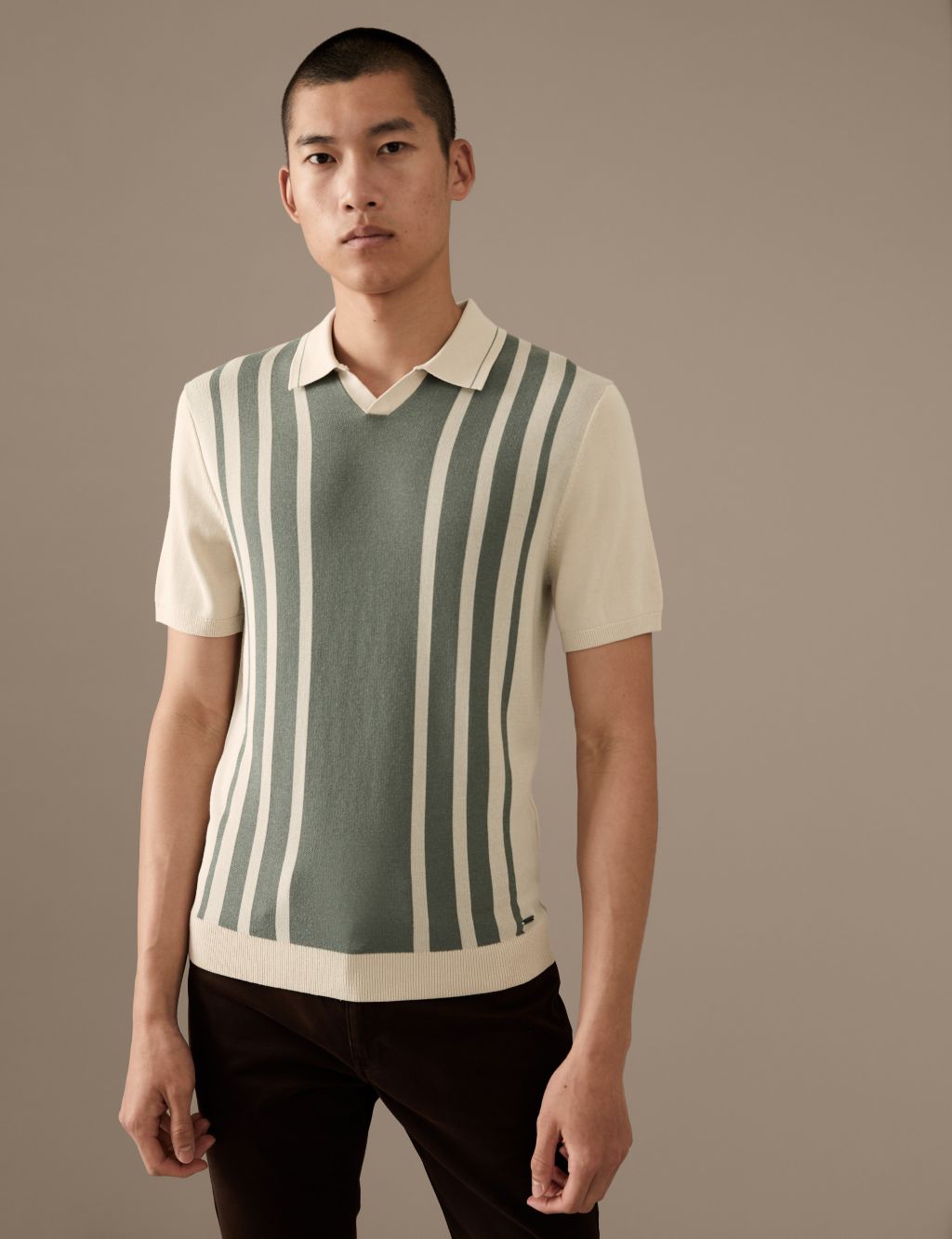Cotton Blend Striped Knitted Polo Shirt image 1