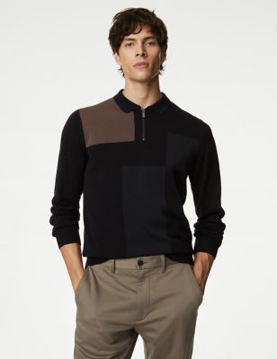 

Mens Autograph Cotton Rich Colour Block Knitted Polo Shirt - Black Mix, Black Mix
