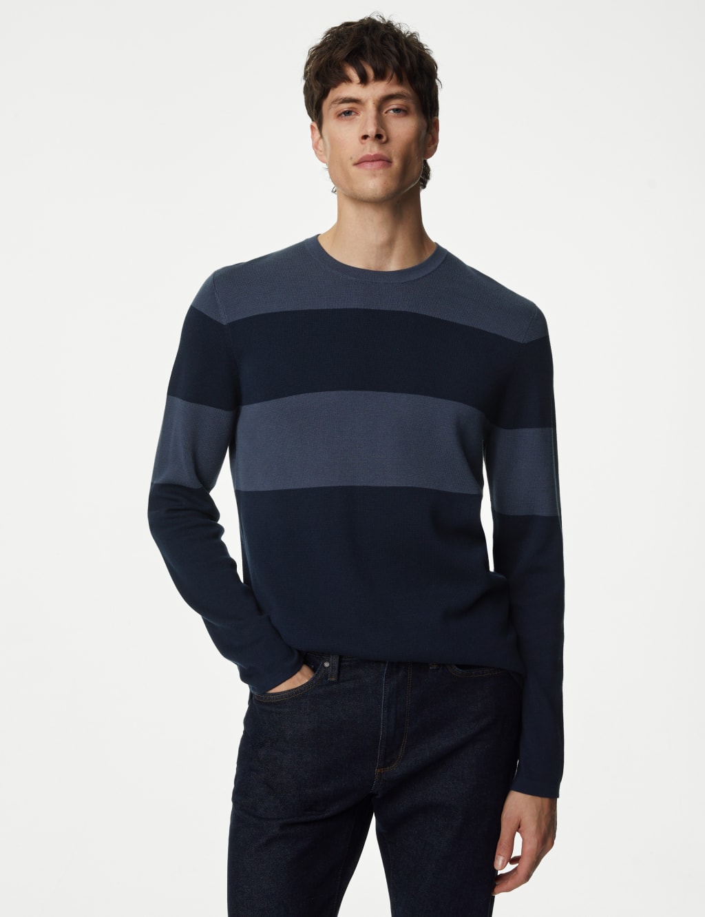 Cotton Rich Block Stripe Crew Neck Jumper image 3