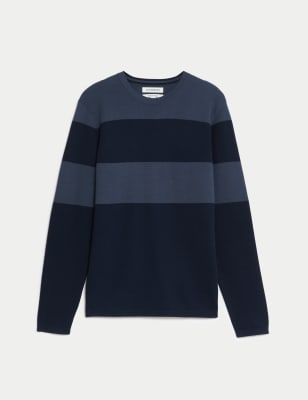 Cotton Rich Block Stripe Crew Neck Jumper