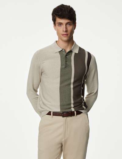 Cotton Rich Colour Block Knitted Polo Shirt