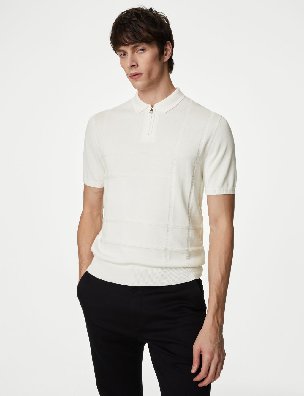 Cotton Modal Zip Up Knitted Polo Shirt