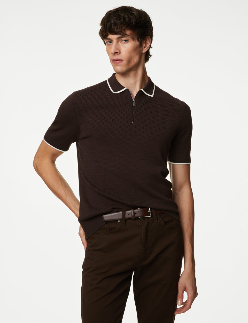 Cotton Blend Textured Knitted Polo Shirt image 1