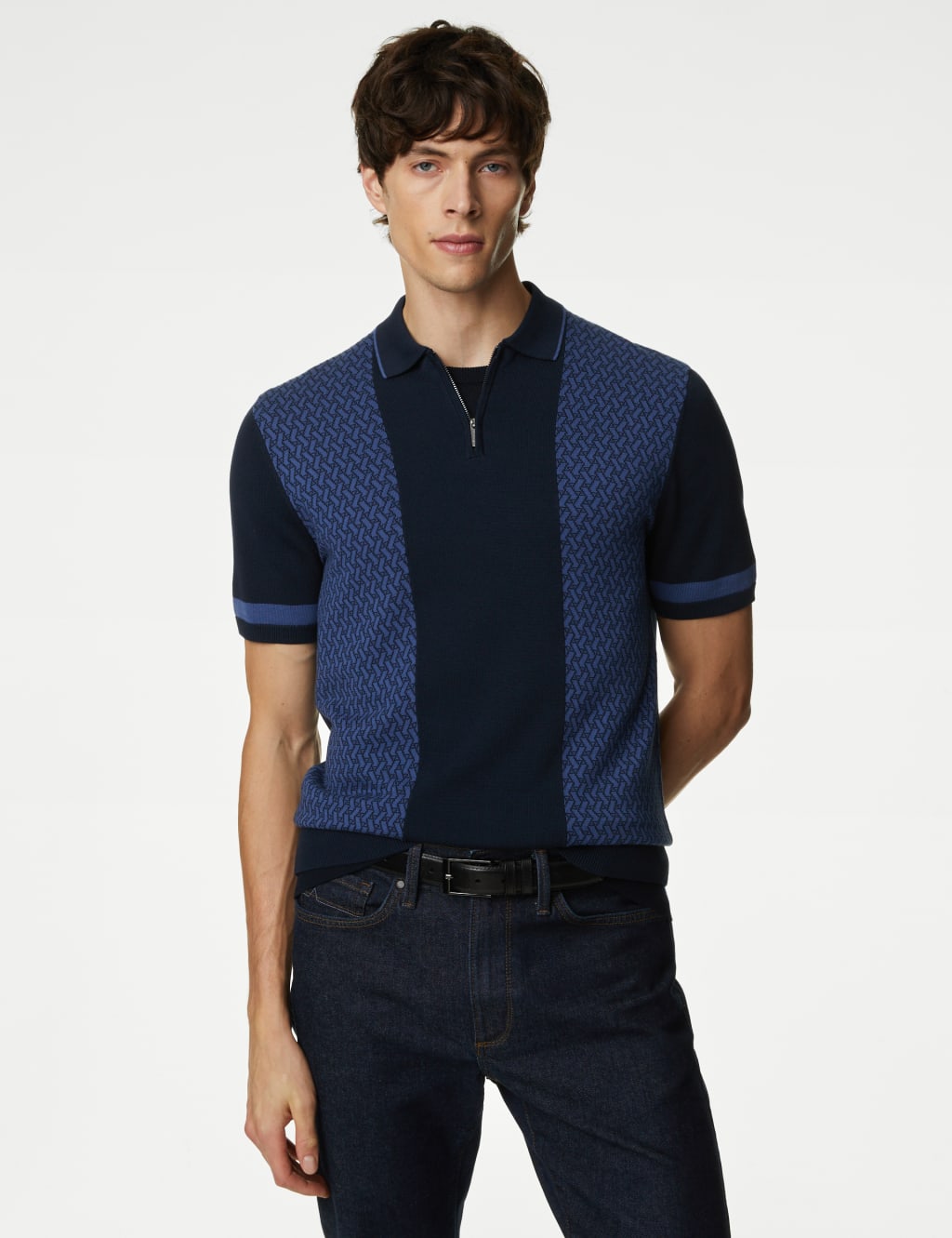 Cotton Rich Zip Up Knitted Polo Shirt image 1