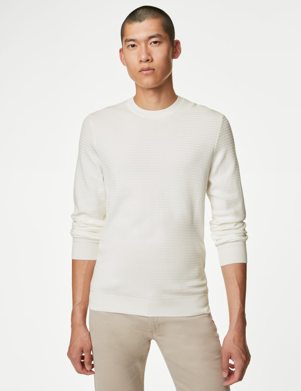 Cotton and Modal Blend Textured Crew Neck Jumper image 1