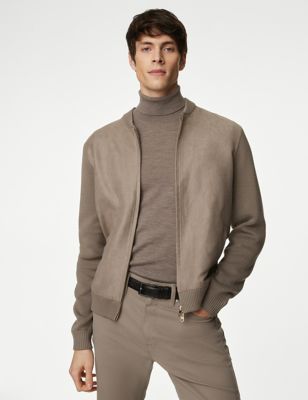 Autograph Mens Cotton Rich Zip Up Knitted Bomber - SREG - Taupe, Taupe