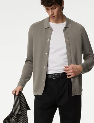 Autograph Mens Cotton Rich Popper Knitted Jacket - LREG - Taupe, Taupe,Black