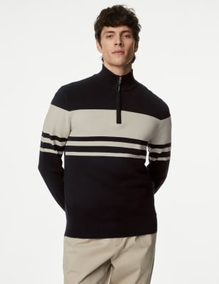 Autograph Mens Cotton Rich Chest Stripe Half Zip Jumper - SREG - Black, Black