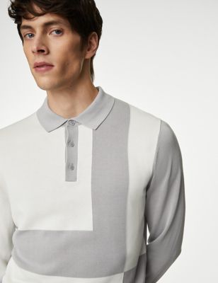 Autograph Mens Cotton Rich Colour Block Knitted Polo Shirt - MLNG - Grey Mix, Grey Mix