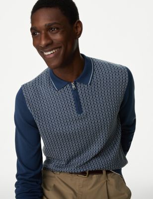 M&S Mens Cotton Rich Zip Up Knitted Polo Shirt - SREG - Blue Mix, Blue Mix