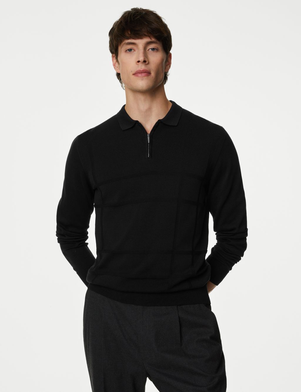 Cotton Rich Zip Up Knitted Polo Shirt image 1