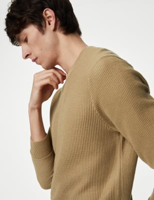 Cotton Blend Textured Crew Neck Jumper - CA