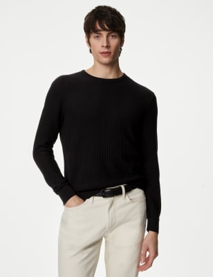 Cotton Blend Textured Crew Neck Jumper