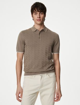 Autograph Mens Cotton Rich Textured Knitted Polo Shirt - XXLREG - Taupe, Taupe